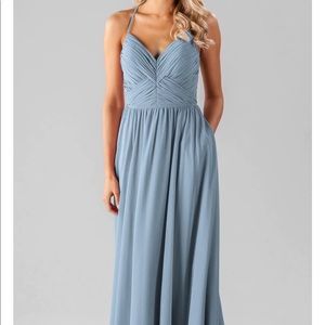 Kennedy Blue Caitlin chiffon bridesmaid dress with pockets. Slate blue, size 4.